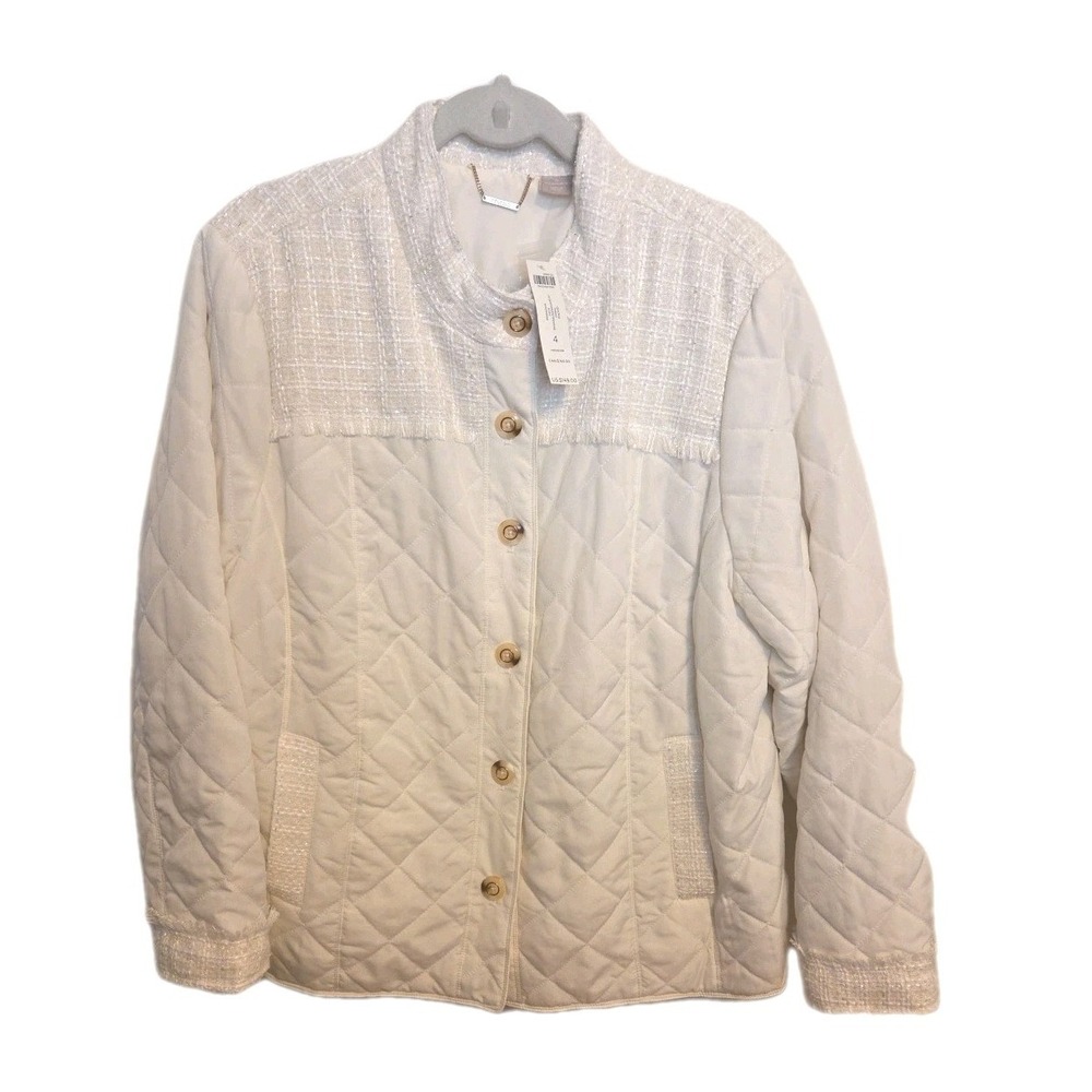 Chico's Size 4 (20-22)‎ Ivory Quilted Tweed Trim Jacket Gold Buttons Lined  NWT